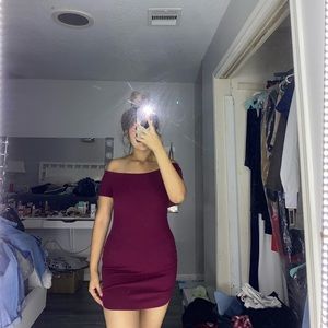maroon/wine off the shoulder mini dress